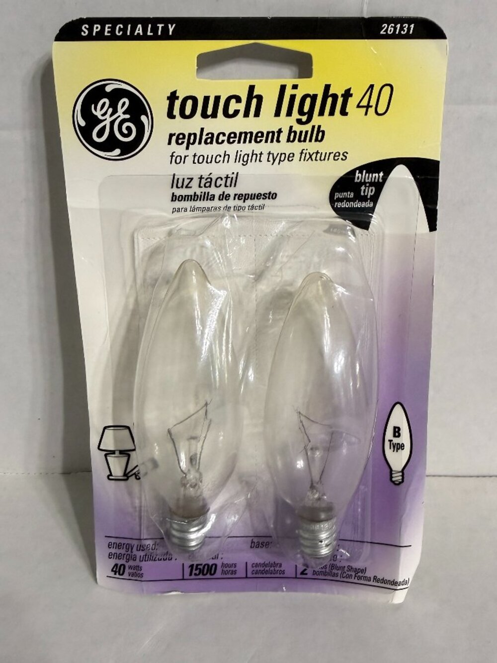 2 GE Touch light Clear Blunt Tip Light Bulbs 40 W  E12 Candelabra Base Old Style